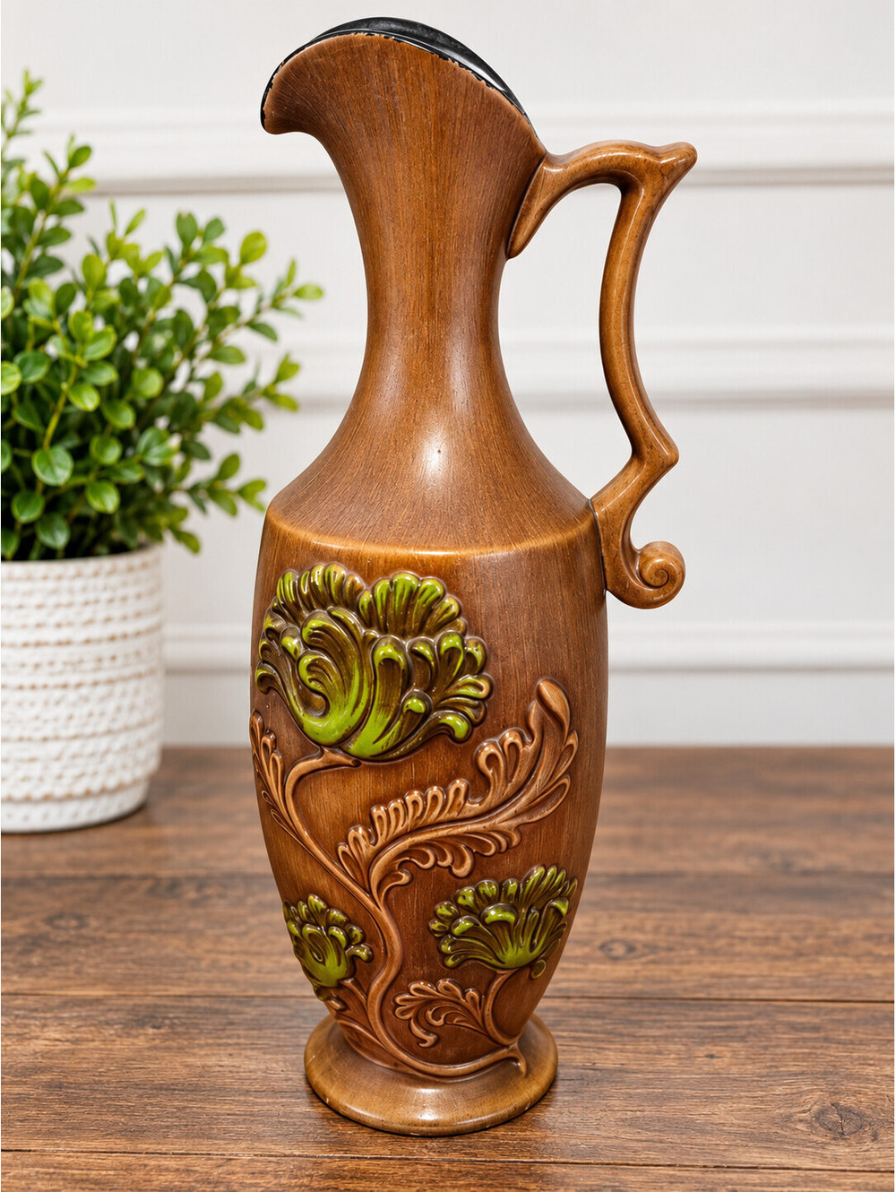 Haeger Pottery Florawood Series Topaz Pitcher Vase Vintage 1970's
